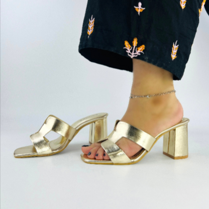 Women’s Gold Block Heel Sandals – Stylish Slip-On Heels for Party & Casual Wear