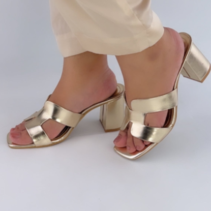 Women’s Gold Block Heel Sandals – Stylish Slip-On Heels for Party & Casual Wear