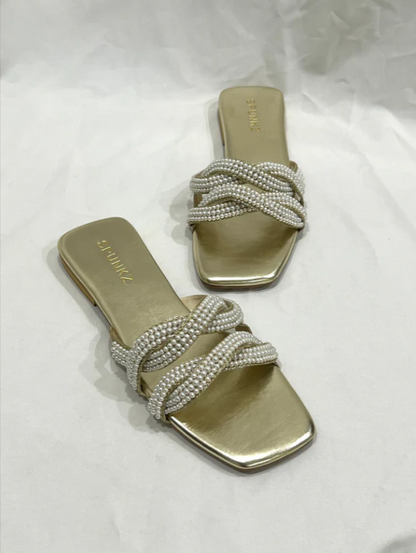Elegant Pearl & Gold Braided Flat Slides
