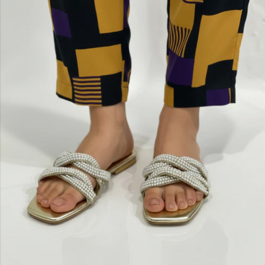 Elegant Pearl & Gold Braided Flat Slides