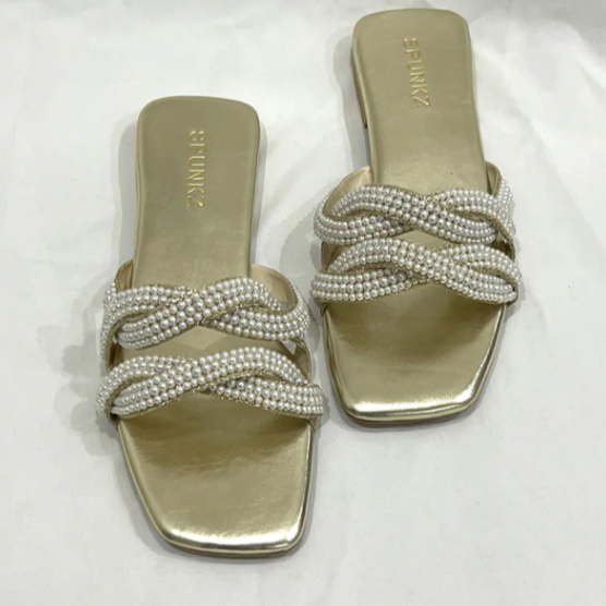 Elegant Pearl & Gold Braided Flat Slides