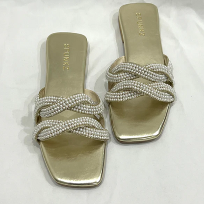 Elegant Pearl & Gold Braided Flat Slides
