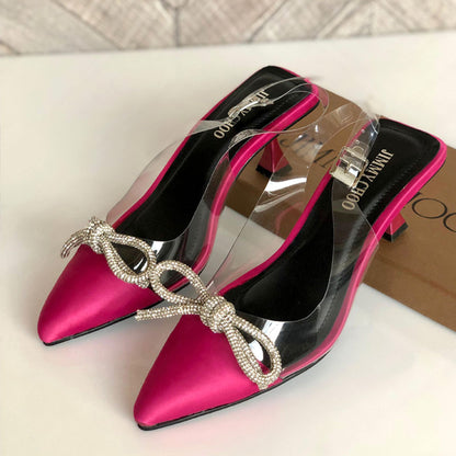 JC Rhinestone Bow Transparent Ankle-Strap Heels