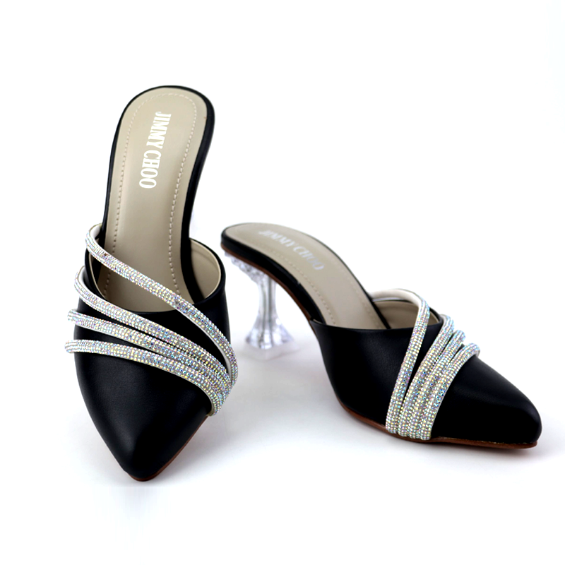 Black Mules Rhinestone Strap Clear Heels