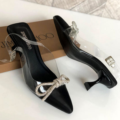 JC Rhinestone Bow Transparent Ankle-Strap Heels