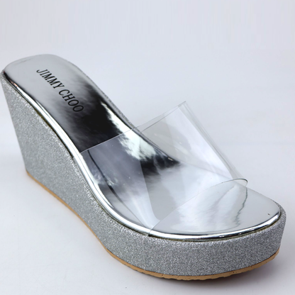 JC Wedge Clear Transparent Strap Glitter Heel Sandal