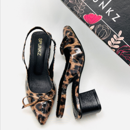 Leopard Print Slingback Heels - Women's Block Heel Pumps with BowNot
