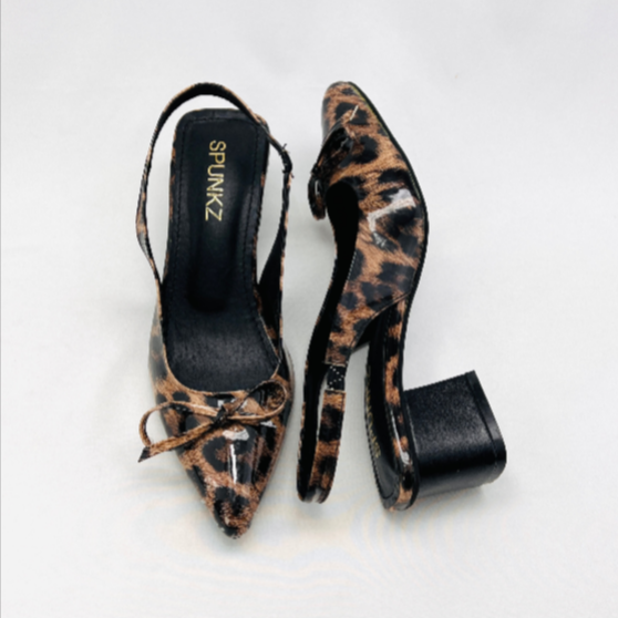 Leopard Print Slingback Heels - Women's Block Heel Pumps with BowNot