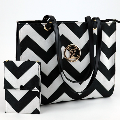 Black White Printed Tote Bag and Wallet