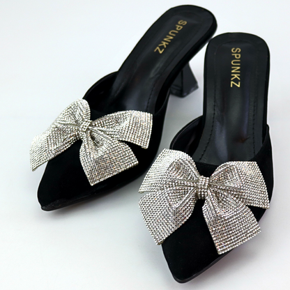 Women Velvet Pumps Pointed Toe Rhinestone Mesh Bow Thin Low Heels