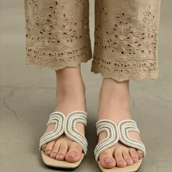 Luxury Pearl & Rhinestone Flat Slides | Designer Slipper