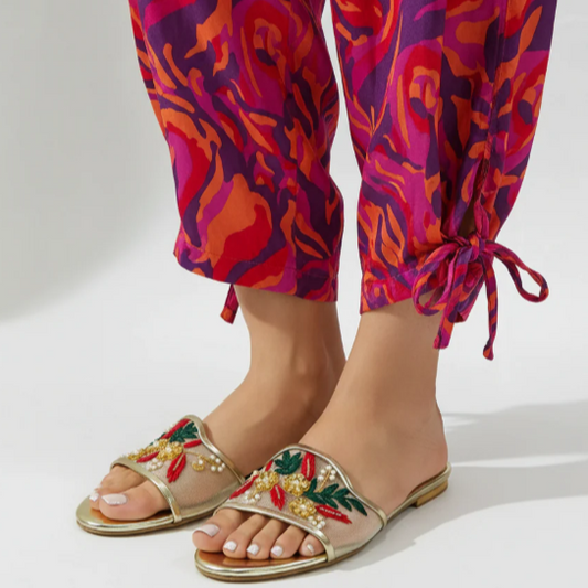 Gold Embroidered Fancy Flat Sandals –Stylish Slip-On Slippers