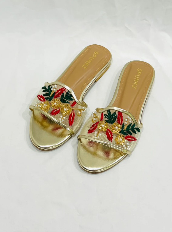 Gold Embroidered Fancy Flat Sandals –Stylish Slip-On Slippers
