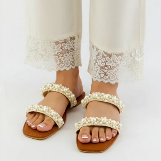 Women's Pearl Flat Slides | Embellished Slip-On Sandals