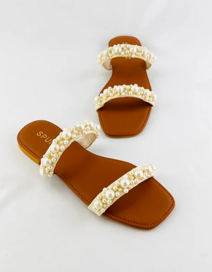 Women's Pearl Flat Slides | Embellished Slip-On Sandals
