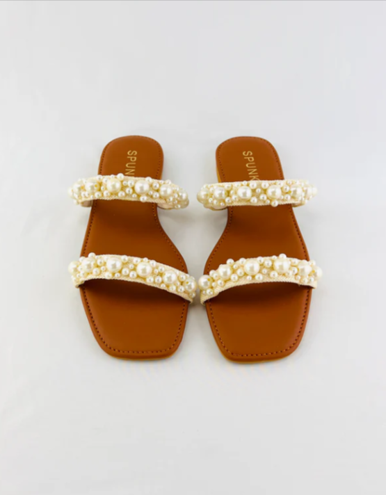 Women's Pearl Flat Slides | Embellished Slip-On Sandals