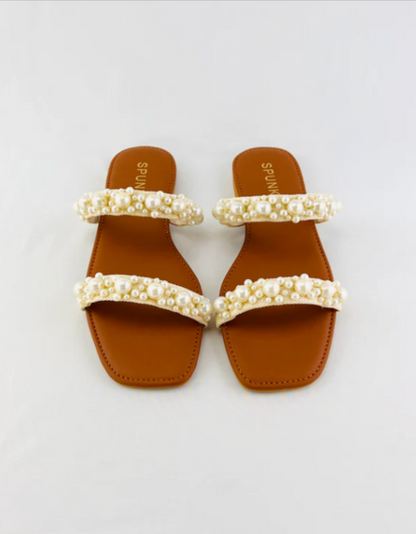 Women's Pearl Flat Slides | Embellished Slip-On Sandals