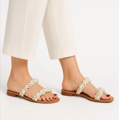 Women's Pearl Flat Slides | Embellished Slip-On Sandals