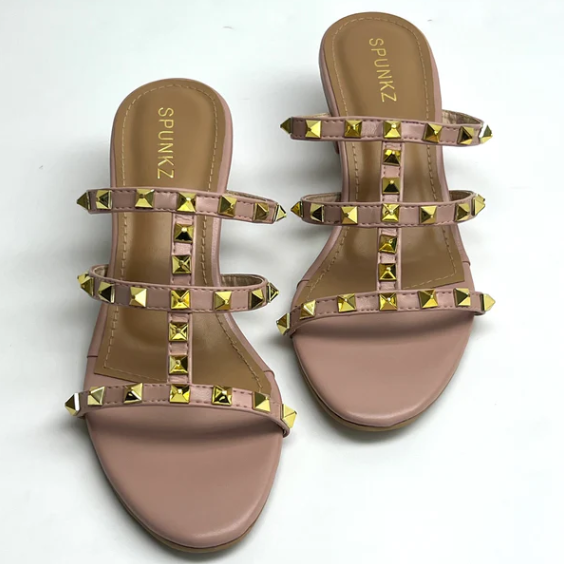 Women's Trendy Gold Studded Mid Heel Mules