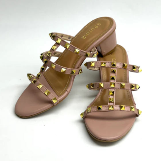 Women's Trendy Gold Studded Mid Heel Mules