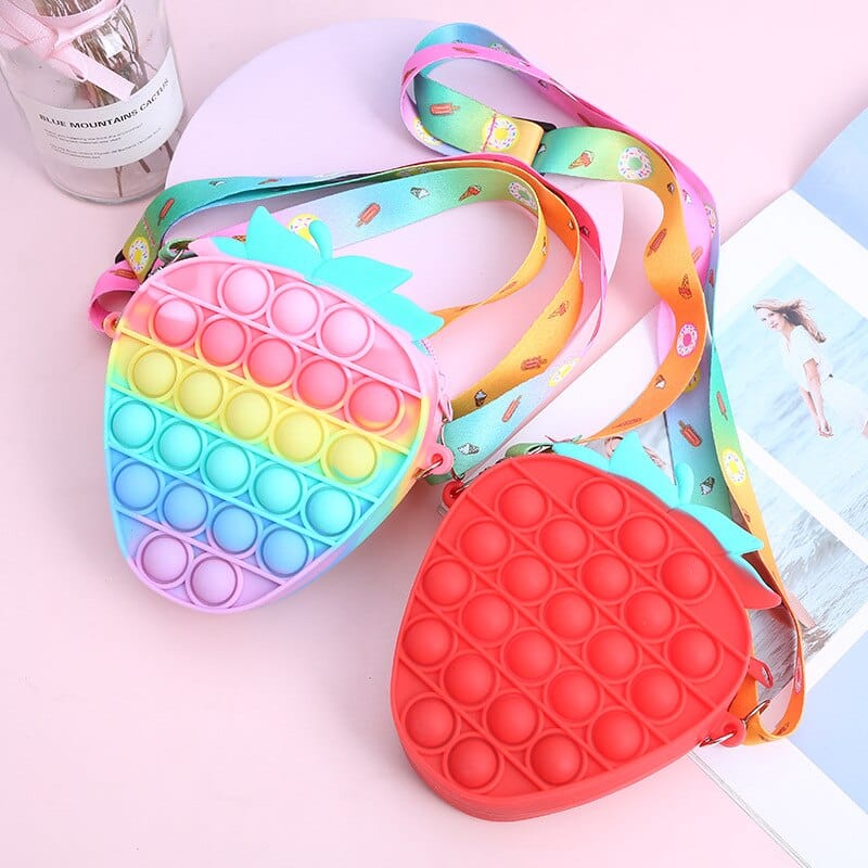 Fruit Shaped Crossbody Pop It Fidget Purse for Girls, Strawberry Pineapple Silicone Fidget Toys Bubble Bag with Adjustable Shoulder Strap