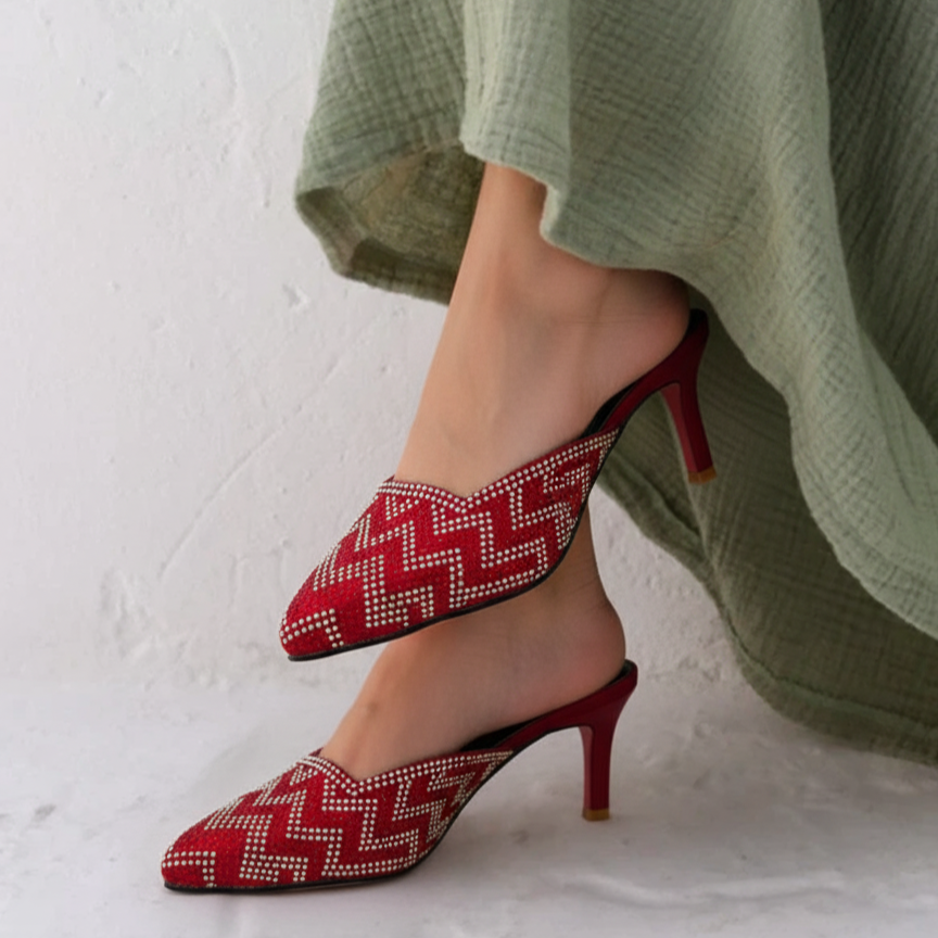 Women Pointed Toe Zig Zag Rhinestones Sueded Pump Heels