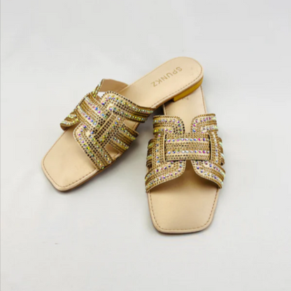 Embellished H-Strap Sandals with Multi-Color Crystals