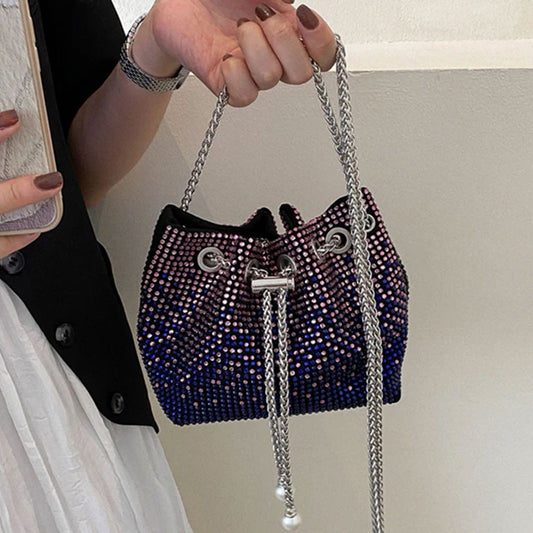 Women Diamond Bucket Bags Drawstring Chain Shoulder Bag for Evening Party Wedding