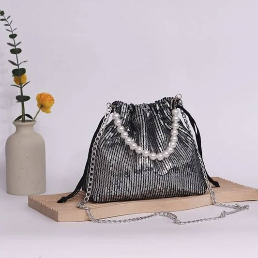 Mini Faux Pearl Beaded Drawstring Design Chain Sequin Evening Bag