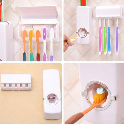 Toothpaste dispenser with 5 toothbrush holder
