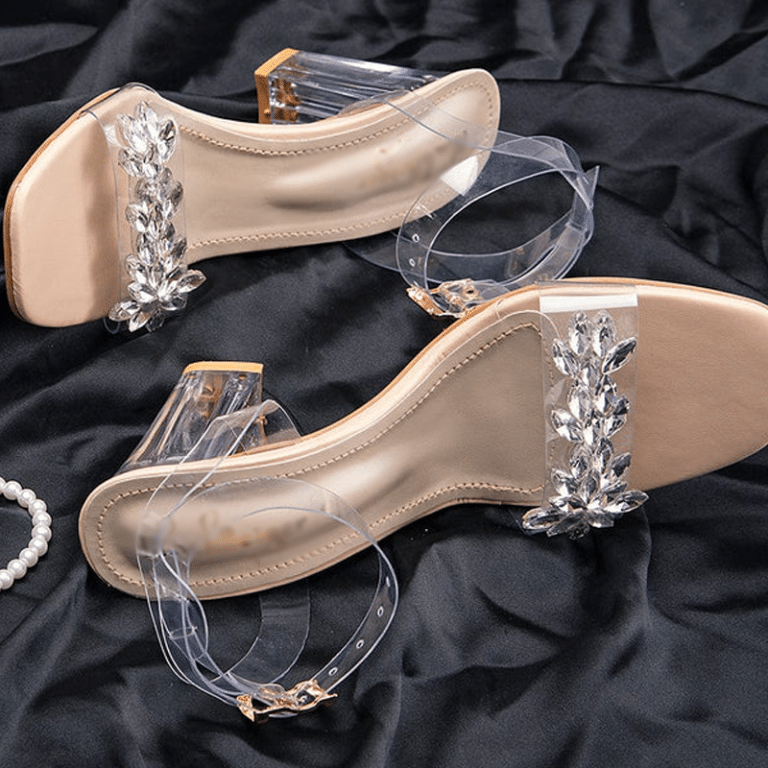 Spunkz Clear Transparent Heels Stone Side Buckle Shoes for Ladies