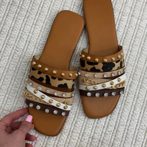 Trendy Animal Print Flat Slides | Studded & Chain Detail Sandals