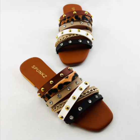 Trendy Animal Print Flat Slides | Studded & Chain Detail Sandals