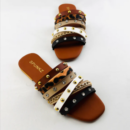 Trendy Animal Print Flat Slides | Studded & Chain Detail Sandals