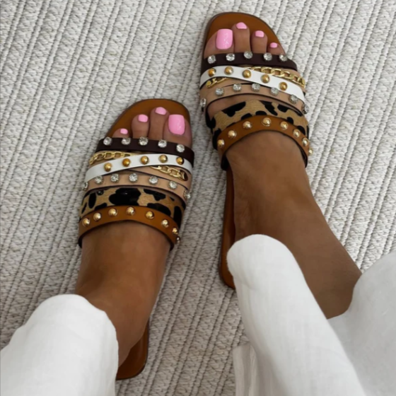 Trendy Animal Print Flat Slides | Studded & Chain Detail Sandals