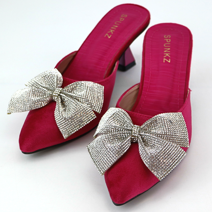 Women Velvet Pumps Pointed Toe Rhinestone Mesh Bow Thin Low Heels