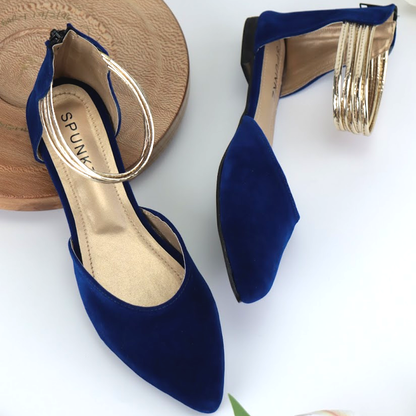 Gold Ankle-Strap Pointed Toe Velvet Flats Pump Shoes