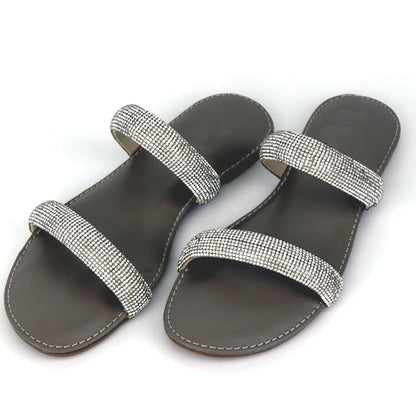 Rhinestone Flat Sandals Round Toe Dual Strap Slip On Slippers