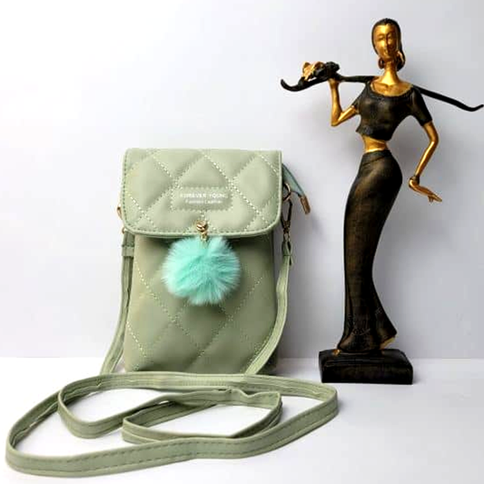 Women PU Leather Pom-Pom Sling Bag – Mobile Phone Shoulder Crossbody Bag