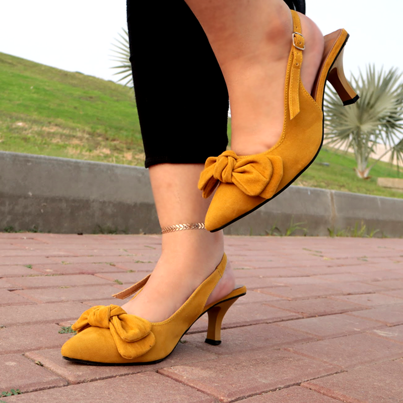 Sueded Heel Kitten Bow Slip On Shallow Pumps Price in Pakistan