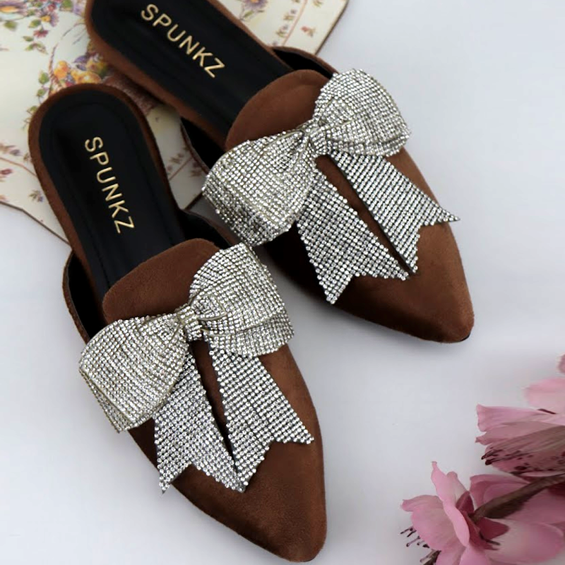 Velvet Loafers Mules Rhinestone Bow Fancy Cut Shoes