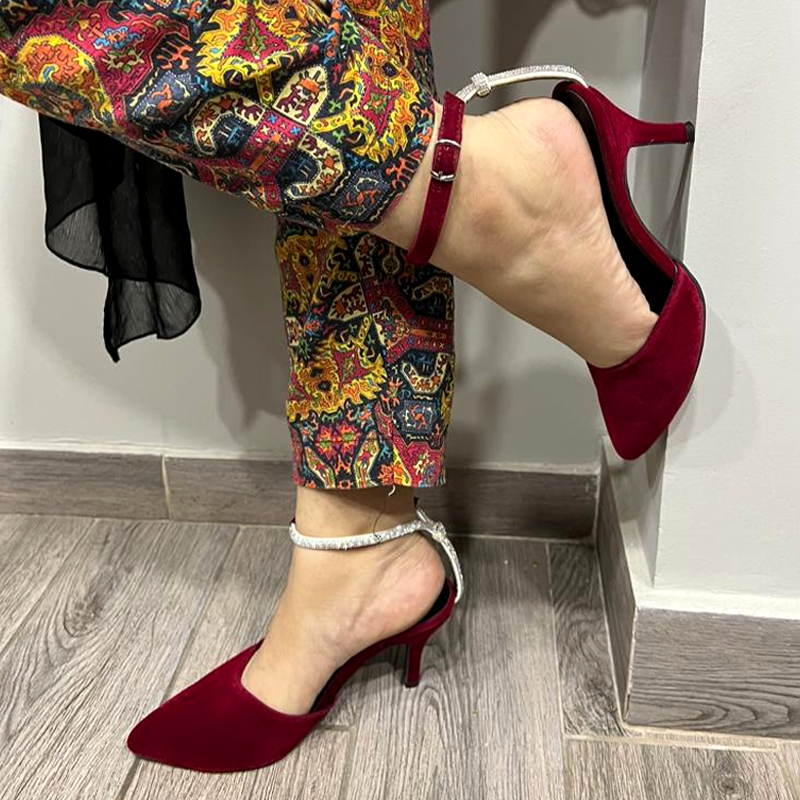 Women Velvet High Heels with Rhinestones Ankle Strap