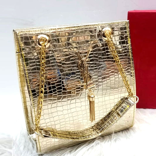 Tote Bag Gold Tassel Decor Chain Link Sleek Handbag
