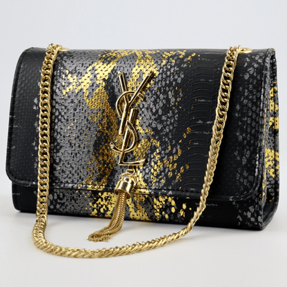 Embossed Shiny Leather Chain Medium Crossbody Bag with Tassel