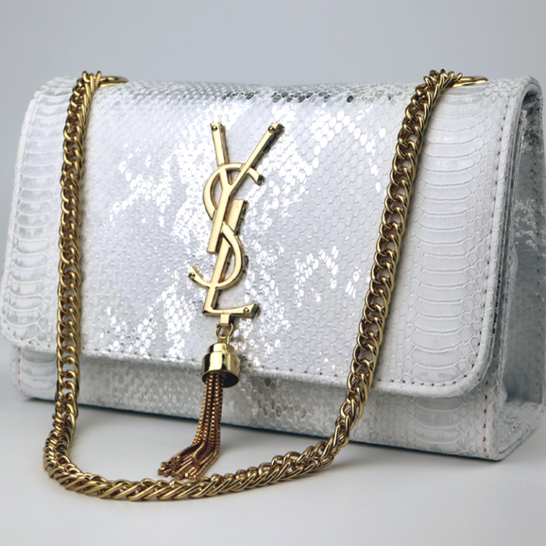 Embossed Shiny Leather Chain Medium Crossbody Bag with Tassel
