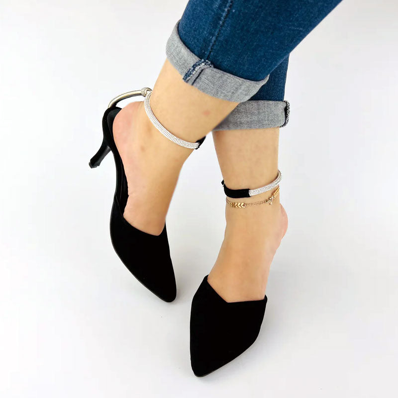 Women Velvet High Heels with Rhinestones Ankle Strap