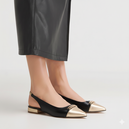 Gold Pointed Bold Chain Flat Slingback Shoes  V-9834