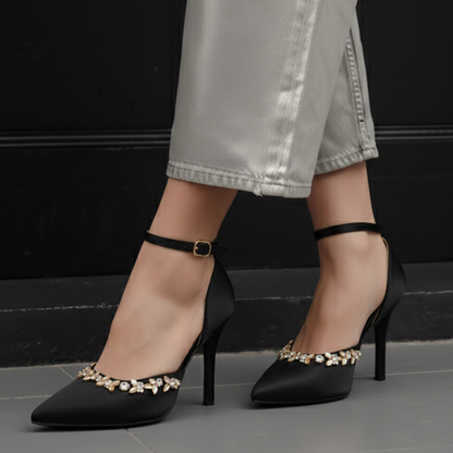 Marquise Rhinestones Pointed Toe Ankle Strap Heel Shoes