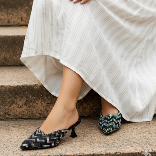 Women Pointed Toe Zig Zag Rhinestones Sueded Pump Heels