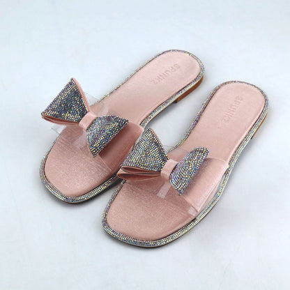 Sparkle Rhinestone Bow Flats Clear Strap Slide Sandal